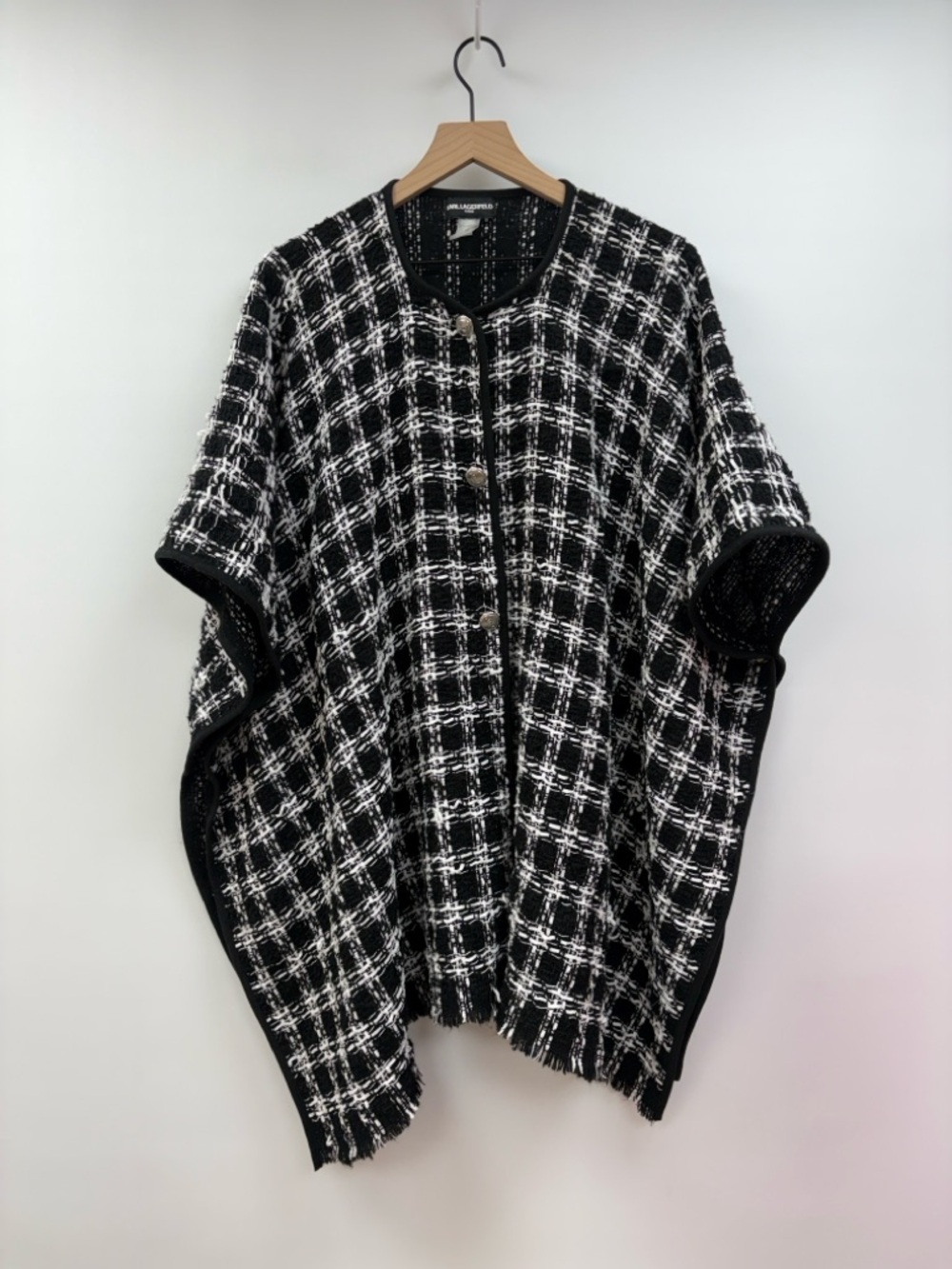 Karl Lagerfled Tweed Plaid Oversized Button-Up Poncho Knit Sweater Black OS - Picture 2 of 7